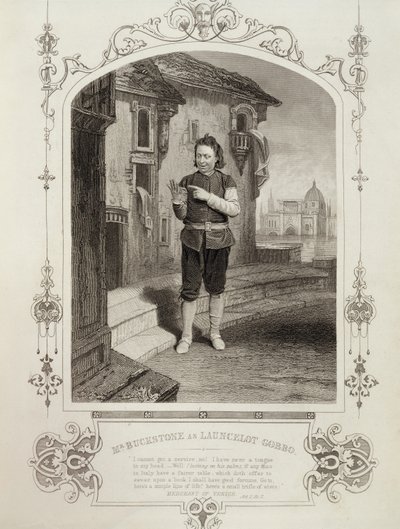 السيد Buckstone مثل لانسلوت جوبو ، القانون الثاني المشهد 2 ، في تاجر البندقية بقلم ويليام شكسبير (1564-1616) بواسطة English School