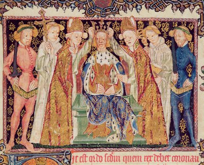 Ms 197 f.3r تتويج ملك من Liber Regalis بواسطة مدرسة اللغة الإنجليزية