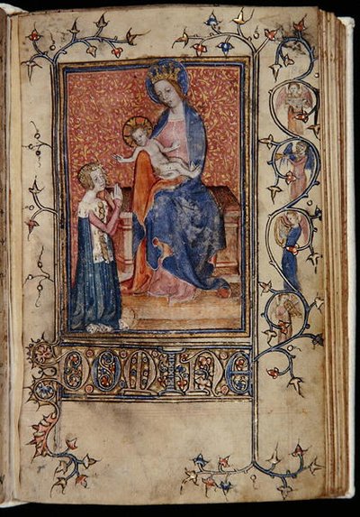 Ms 48، f.86r: صاحب المخطوطة يصلي للعذراء والطفل ، من Carew-Poyntz Hours، Use of Sarum، حوالي 1390-1400 (ورق) بواسطة مدرسة اللغة الإنجليزية