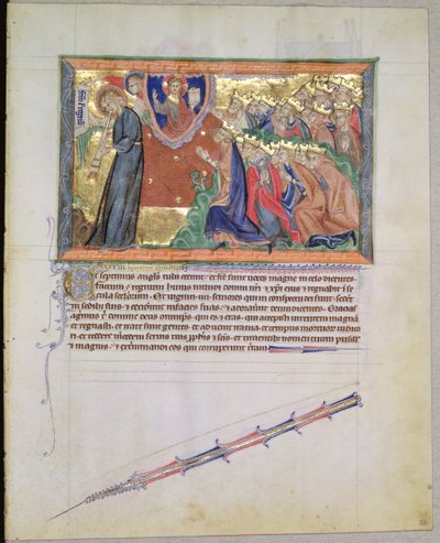 السيدة LA 139-Lisboa fol.28 الملاك السابع ينفخ في بوقه و 24 حكمًا يعبدون الله ، من نهاية العالم في غولبنكيان ، c.1265-70 بواسطة مدرسة اللغة الإنجليزية