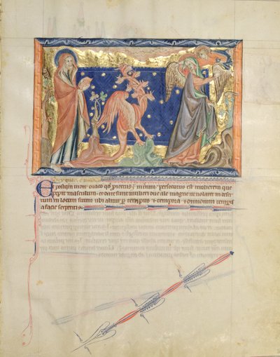 السيدة LA 139-Lisboa fol.31 سانت جون يراقب ملاكًا يساعد المرأة على الهروب من التنين الأحمر ، من نهاية العالم Gulbenkian ، c.1265-70 بواسطة مدرسة اللغة الإنجليزية