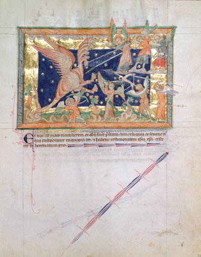 السيدة LA 139-Lisboa fol.33 التنين يشن حربًا مع المؤمنين ، من نهاية العالم غولبنكيان ، c.1265-70 بواسطة مدرسة اللغة الإنجليزية