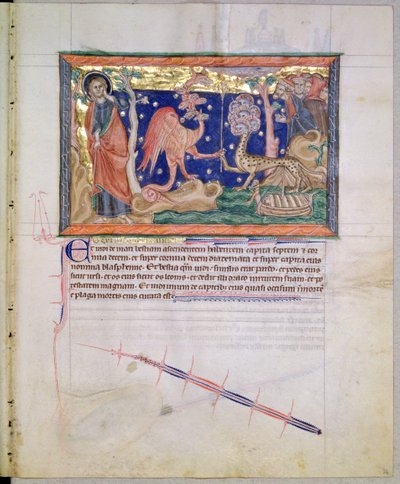 السيدة LA 139-Lisboa fol.34 التنين الأحمر ينقل سلطته إلى وحش البحر ، من نهاية العالم Gulbenkian ، c.1265-70 بواسطة مدرسة اللغة الإنجليزية