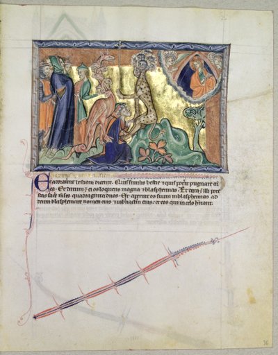 السيدة LA 139-Lisboa fol.36 الرب يشاهد الناس وهم يعبدون وحش البحر في وجود التنين الأحمر ، من نهاية العالم Gulbenkian ، c.1265-70 بواسطة مدرسة اللغة الإنجليزية