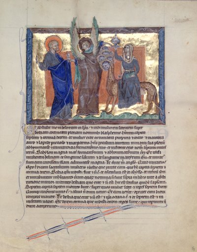 السيدة LA 139-Lisboa fol.59 ملاك يقود القديس يوحنا الإنجيلي إلى هارلوت بابل ، من نهاية العالم غولبنكيان ، c.1265-70 بواسطة مدرسة اللغة الإنجليزية