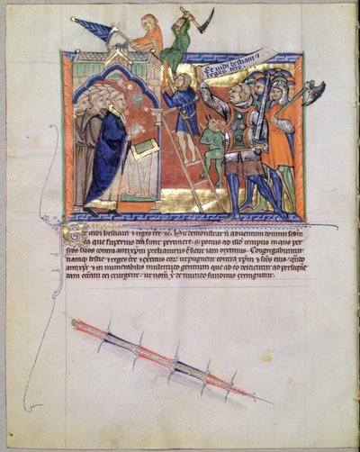 السيدة LA 139-Lisboa fol.66 يقود المحارب الإلهي جيشًا ضد أولئك الذين يهاجمون المؤمنين ، من نهاية العالم في غولبنكيان ، c.1265-70 بواسطة مدرسة اللغة الإنجليزية