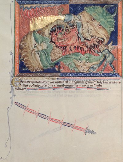 السيدة LA 139-Lisboa fol.71 فكوك الجحيم تبتلع التنين الأحمر ، وحش البحر وحش الأرض ، من نهاية العالم Gulbenkian ، c.1265-70 بواسطة مدرسة اللغة الإنجليزية