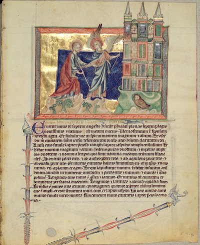السيدة LA 139-Lisboa fol.74 ملاك يظهر القدس الجديدة للقديس يوحنا الإنجيلي ، من نهاية العالم في جوبنكيان ، c.1265-70 بواسطة مدرسة اللغة الإنجليزية