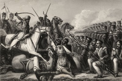 الفرسان المتمردون يهاجمون ساحة المشاة في معركة Cawnpore في عام 1857 ، من "تاريخ التمرد الهندي" ، نشر في عام 1858 بواسطة مدرسة اللغة الإنجليزية