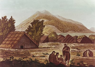 مواطنون ، مع أكواخ وجبال خلف ، نقش ف. فوماجالي (نقش ملون) بواسطة مدرسة اللغة الإنجليزية