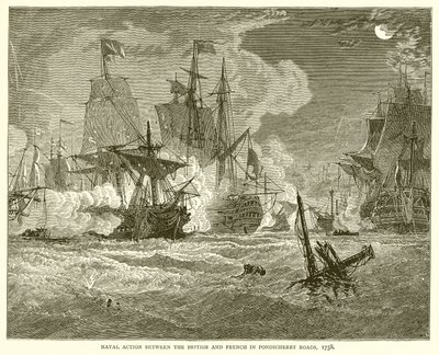 العمل البحري بين البريطانيين والفرنسيين في طرق بونديشيري ، 1758 بواسطة مدرسة اللغة الإنجليزية