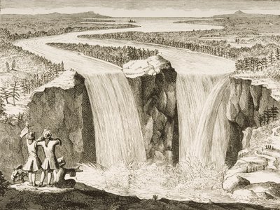 شلالات نياجارا ، بعد رسم رسمه الأب هينيبين عام 1677 ، من "الصور الأمريكية" التي نشرتها جمعية المسالك الدينية ، 1876 بواسطة مدرسة اللغة الإنجليزية