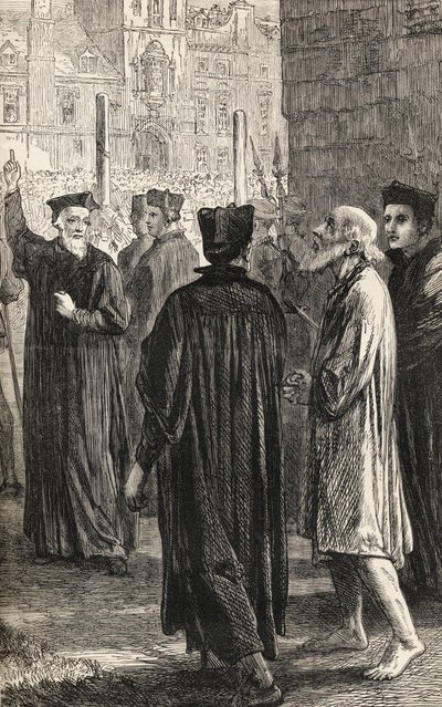 نيكولاس ريدلي في طريقه إلى إعدامه ، عام 1865 (نقش الخشب) بواسطة مدرسة اللغة الإنجليزية