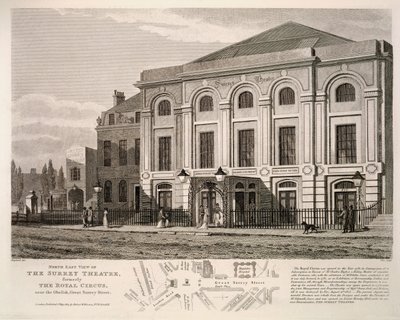 منظر شمالي شرقي لمسرح سوري ، سابقًا السيرك الملكي بالقرب من المسلة ، شارع سوري العظيم ، 1814 بواسطة مدرسة اللغة الإنجليزية