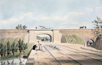 خط North Midland تحت قناة Cromford عند Bull Bridge ، نشر بواسطة Day und Haghe (لون ليثو) بواسطة مدرسة اللغة الإنجليزية