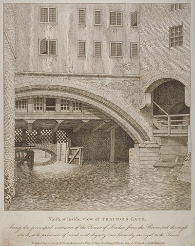 المنظر الشمالي لبوابة الخونة ، برج لندن ، نشره ناثانيل سميث (fl.1740-1802) 1798 بواسطة مدرسة اللغة الإنجليزية