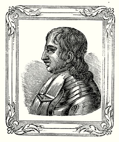 وُلد أوليفر كرومويل عام 1599 ، وعمل حاميًا عام 1653 ، وتوفي عام 1658 (نقش) بواسطة مدرسة اللغة الإنجليزية