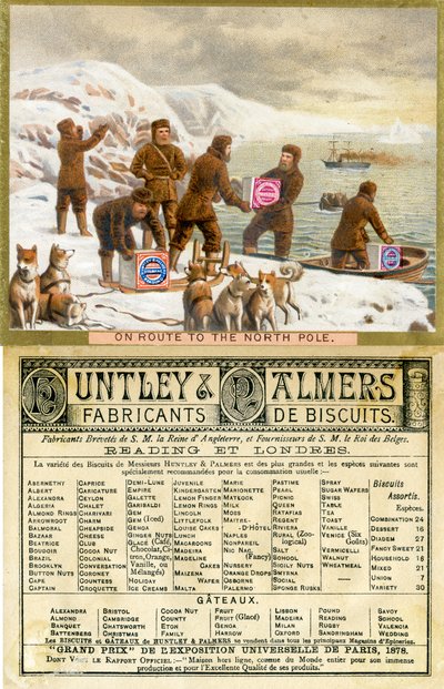 على الطريق إلى القطب الشمالي ، أمام وخلف بطاقة ترويجية لبسكويت Huntley & Palmers ، تم إنتاجها للسوق الفرنسية ، 1890 بواسطة مدرسة اللغة الإنجليزية