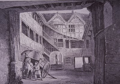 Ostler attending horse in courtyard of the New Inn, Gloucester (wood engraving) بواسطة مدرسة اللغة الإنجليزية
