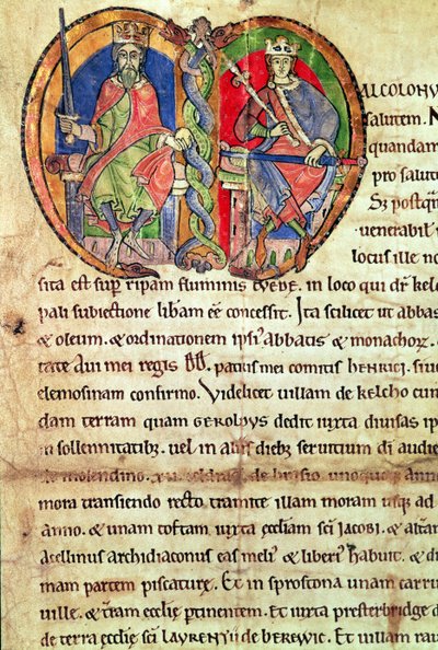 صفحة من ميثاق دير كيلسو مع بداية مضيئة تصور الملك ديفيد الأول (1084-1153) وحفيده مالكولم الرابع (1141-65) 1159 (ورق) بواسطة مدرسة اللغة الإنجليزية