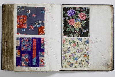 صفحات من كتاب عينات النسيج ، مشروحة يدويًا بالنطاق الزمني 1887-1894 (قلم حبر وحبر ومنسوجات على ورق) بواسطة مدرسة اللغة الإنجليزية