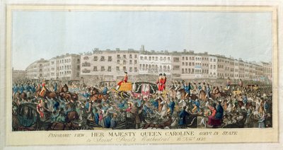 منظر بانورامي. جلالة الملكة كارولين تذهب في الولاية إلى كاتدرائية سانت بولس ، 20 نوفمبر 1820 ، حانة. 1821 (aquatint على الورق) بواسطة مدرسة اللغة الإنجليزية