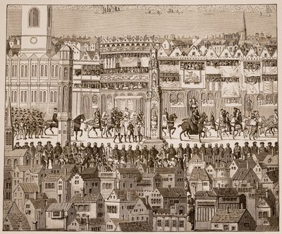 جزء من موكب التتويج إدوارد السادس ، 1547 ، بعد ألوان مائية من القرن السادس عشر (صورة بني داكن) بواسطة مدرسة اللغة الإنجليزية