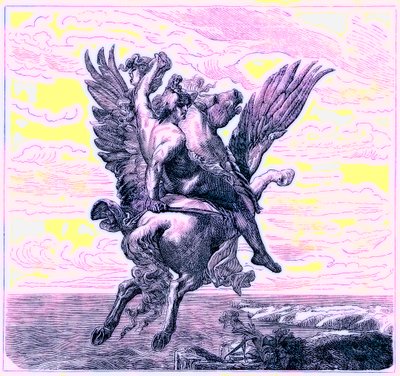 Perseus على الحصان المجنح بيغاسوس ، مع رأس Medusas ، توضيح من التاريخ المصور للعالم ، تم نشره عام 1880 (صورة محسنة رقميًا) بواسطة مدرسة اللغة الإنجليزية