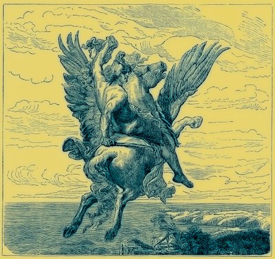 Perseus على الحصان المجنح بيغاسوس ، برأس ميدوسا ، رسم توضيحي من "التاريخ المصور للعالم" ، نُشر عام 1880 (صورة محسّنة رقميًا) بواسطة مدرسة اللغة الإنجليزية
