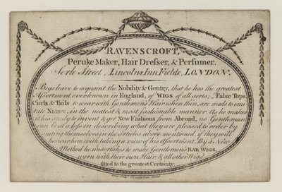 صانع Peruke ، Ravenscroft ، بطاقة تجارية بواسطة مدرسة اللغة الإنجليزية