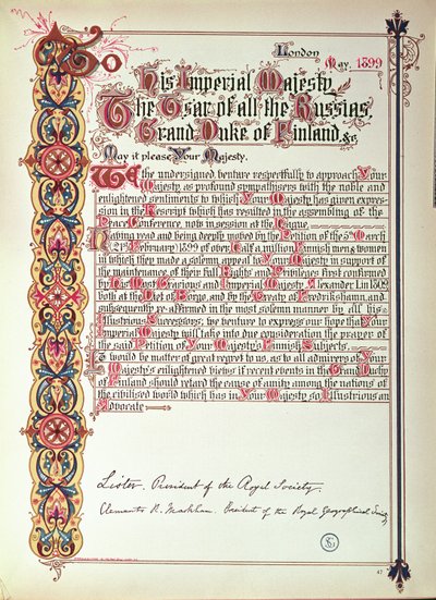 عريضة إلى القيصر نيكولاس الثاني من روسيا يحتج على الترويس لفنلندا ، 1899 (ورقة مضيئة) بواسطة مدرسة اللغة الإنجليزية