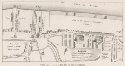 مخطط Bankside على نهر التايمز استنادًا إلى مسح قديم تم إجراؤه في عهد الملكة إليزابيث ، يظهر الثور والدب بيت بواسطة مدرسة اللغة الإنجليزية