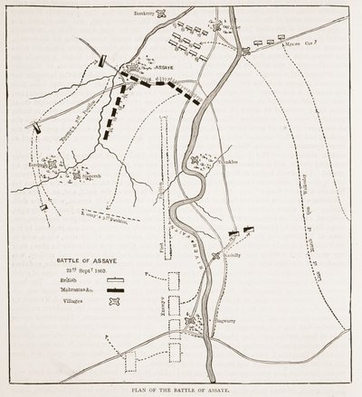خطة معركة Assaye ، التوضيح من Cassells Illustrated History of India بواسطة James Grant ، pub. 1879 بواسطة مدرسة اللغة الإنجليزية