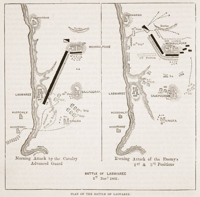 خطة معركة لاسوارى ، رسم توضيحي من Cassells Illustrated History of India بقلم جيمس جرانت ، حانة. 1879 بواسطة مدرسة اللغة الإنجليزية