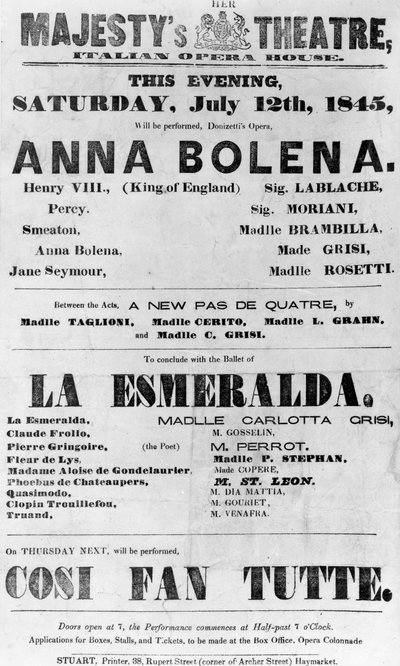 Playbill لمسرح صاحبة الجلالة ، دار الأوبرا الإيطالية ، 1845 (ورق مطبوع) بواسطة مدرسة اللغة الإنجليزية