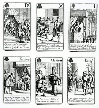 أوراق اللعب التي تصور الأحداث من الإسبانية أرمادا ، 1699 بواسطة مدرسة اللغة الإنجليزية