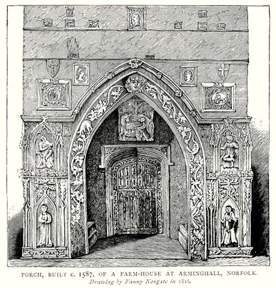 شرفة، بُنيت حوالي عام 1587، لمنزل مزرعة في أرمينغهول، نورفولك (نقش) بواسطة مدرسة اللغة الإنجليزية