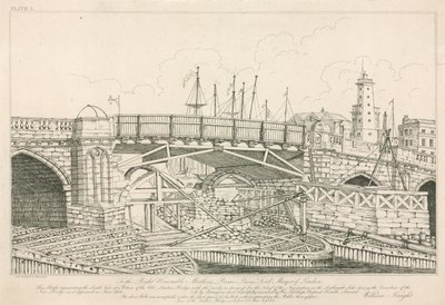 جزء من جسر لندن القديم ، تم رسمه عام 1826 أثناء أعمال البناء بواسطة مدرسة اللغة الإنجليزية