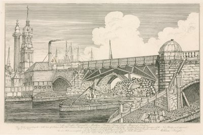 جزء من جسر لندن القديم ، تم رسمه عام 1827 أثناء أعمال البناء بواسطة مدرسة اللغة الإنجليزية