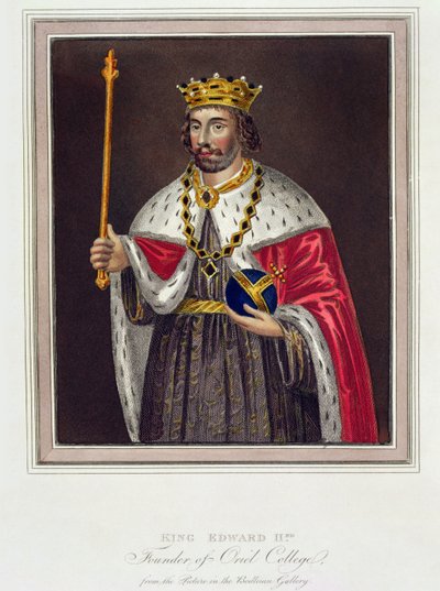 صورة للملك إدوارد الثاني (1284-1327) مؤسس كلية أوريل بعد رسم في مكتبة بودليان (نقش الألوان) بواسطة مدرسة اللغة الإنجليزية