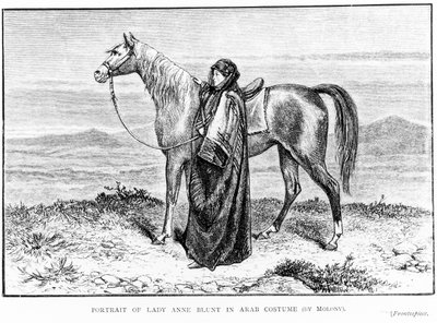 صورة للسيدة آن بلنت (1837-1917) في زي عربي مع حصان عربي ، صورة في كتابها "رحلة إلى نجد" ، نُشر عام 1881 بواسطة مدرسة اللغة الإنجليزية