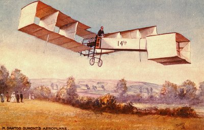 بطاقة بريدية تصور طائرة سانتوس دومونت 14-م ، ج. 1910 بواسطة مدرسة اللغة الإنجليزية