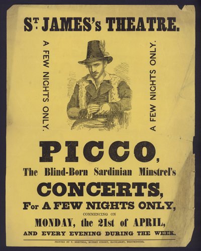 ملصقات إعلانية للحفلات الموسيقية من قبل Picco ، وهو مينستريل أعمى من سردينيا في مسرح سانت جيمس ، لندن (ليتو) بواسطة مدرسة اللغة الإنجليزية