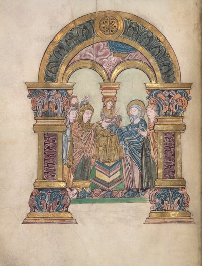 العرض التقديمي في الهيكل ، أضف. 49598، f.34v، from the Benedictional of St Aethelwold، 971-984 (رق) بواسطة مدرسة اللغة الإنجليزية