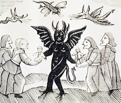 تقديم الأطفال إلى الشيطان ، نسخة من رسم توضيحي من ساحرة الغابة مستخدم في مجموعة من الكتب المصغرة عن الباطنية بواسطة مدرسة اللغة الإنجليزية