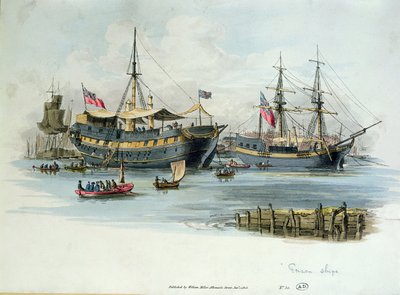 سفن السجن التي استخدمها البريطانيون خلال الحروب النابليونية لإيواء السجناء الفرنسيين ، 1805 (نقش ملون) بواسطة مدرسة اللغة الإنجليزية
