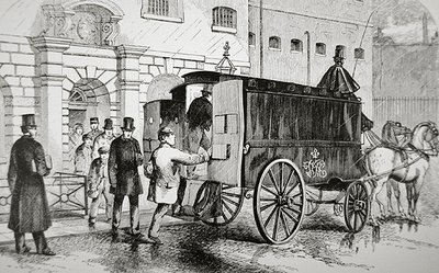 سجناء يستقلون سيارة شرطة تُعرف باسم "ماريا السوداء" في سبعينيات القرن التاسع عشر (نقش) بواسطة مدرسة اللغة الإنجليزية