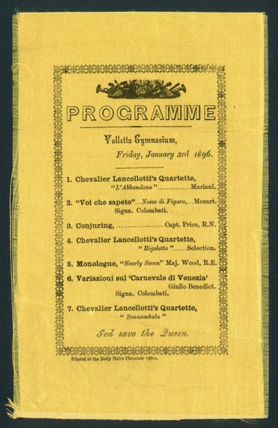 برنامج للألعاب الرياضية في فاليتا ، 3 يناير 1896 (مطبوعة) بواسطة مدرسة اللغة الإنجليزية