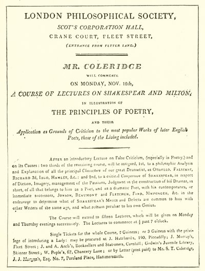 برنامج محاضرات Coleridges 1808 بواسطة مدرسة اللغة الإنجليزية