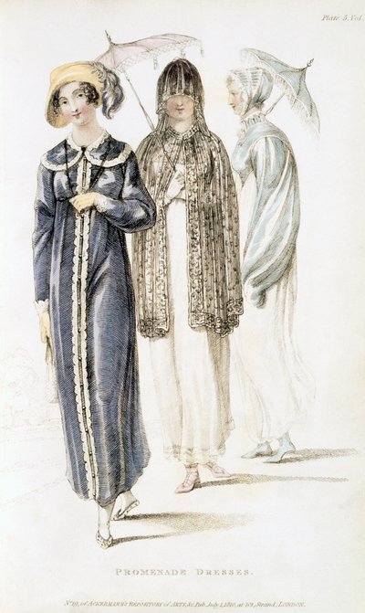 فساتين التنزه ، لوحة الموضة من Ackermanns Repository of Arts بواسطة مدرسة اللغة الإنجليزية